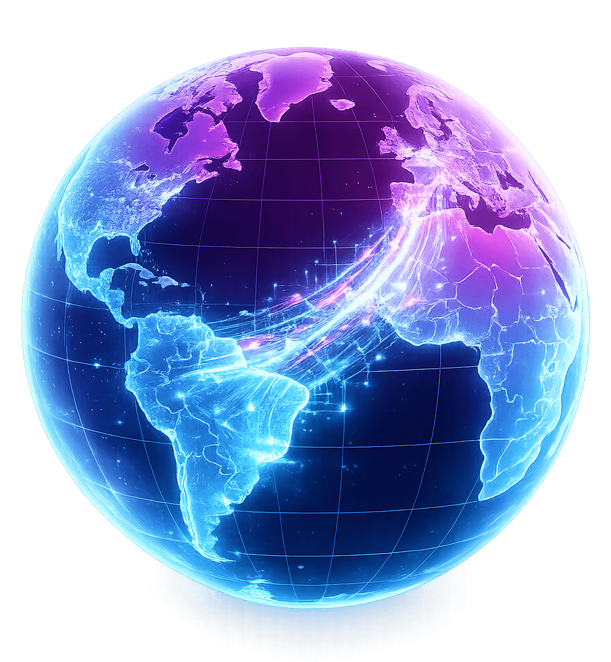 Globo terráqueo iluminado con rutas de conexión entre Europa y Latinoamérica